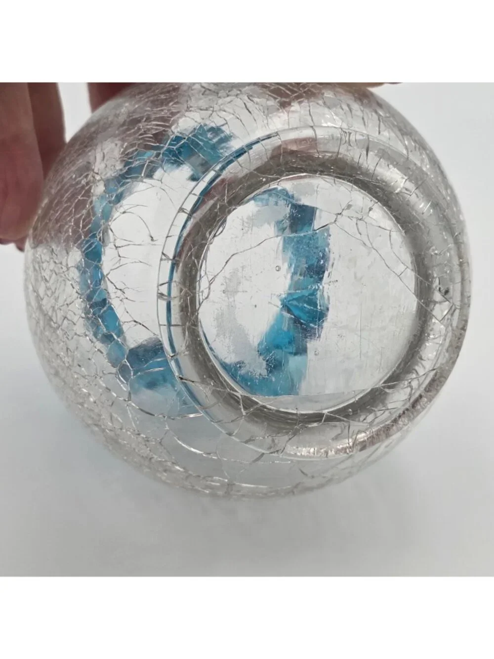 Hand-Blown Crackle Glass Small Vase Blue Swirl Rim 4